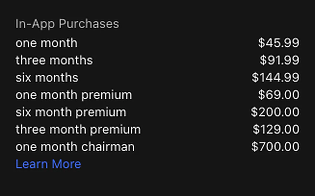 The in-app purchase list on SeniorMatch's Canadian App Store listing, with every item and its price in Canadian dollars.